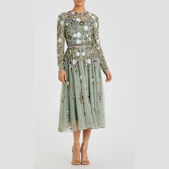 Mac Duggal 5716 Size 6 Sage Green Floral Beaded Long Sleeve High Neck Midi Dress - Picture 3 of 5